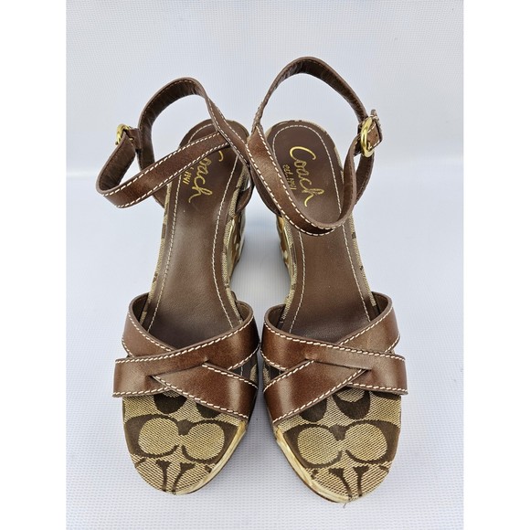 COACH Alina Brown Gold Signature Patchwork Platform Strappy Wedge Sandals 7.5 B - Picture 3 of 8